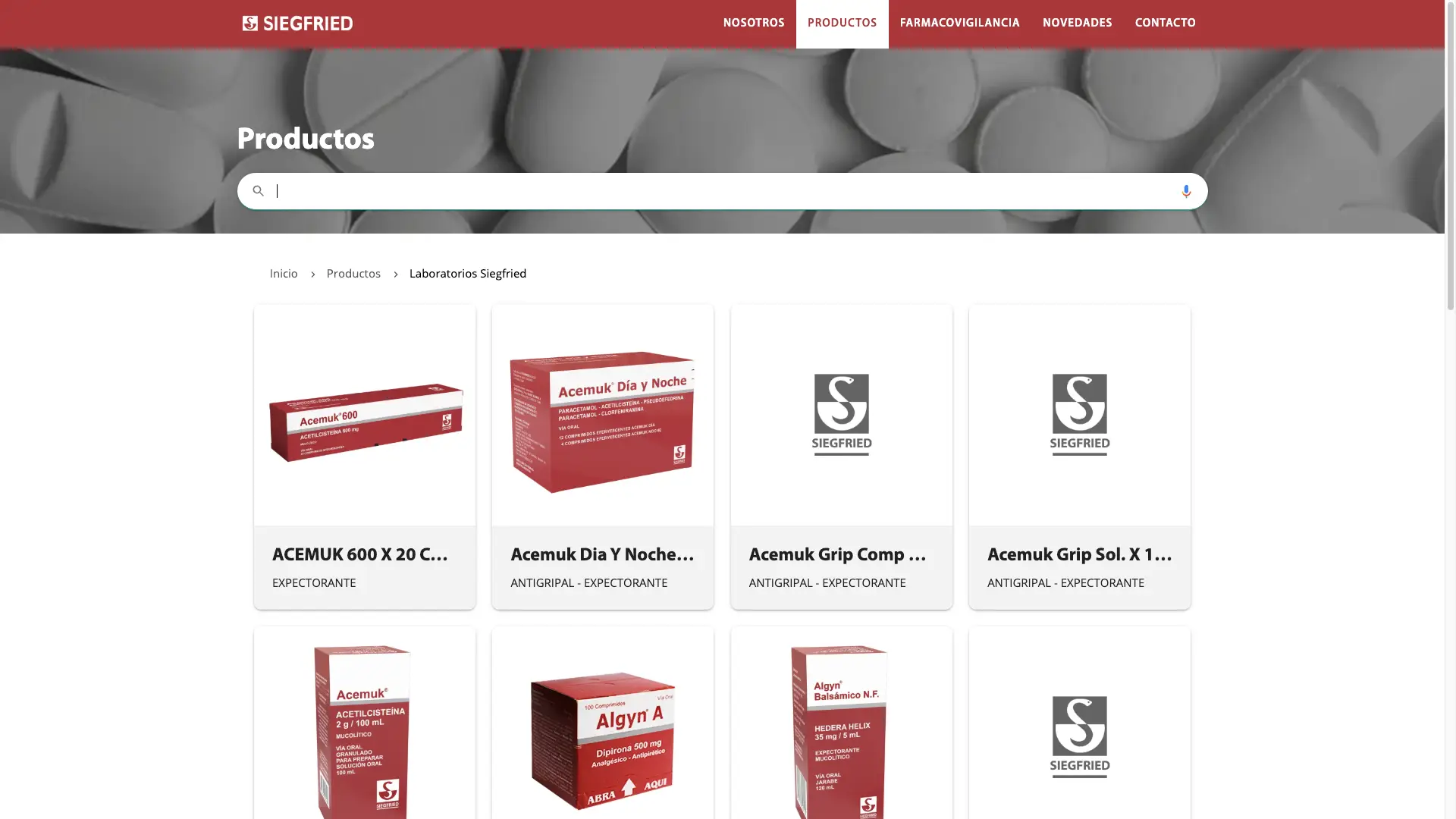 Vista del catálogo de productos del sitio web farmacéutico personalizado para Laboratorios Siegfried, desarrollado a medida