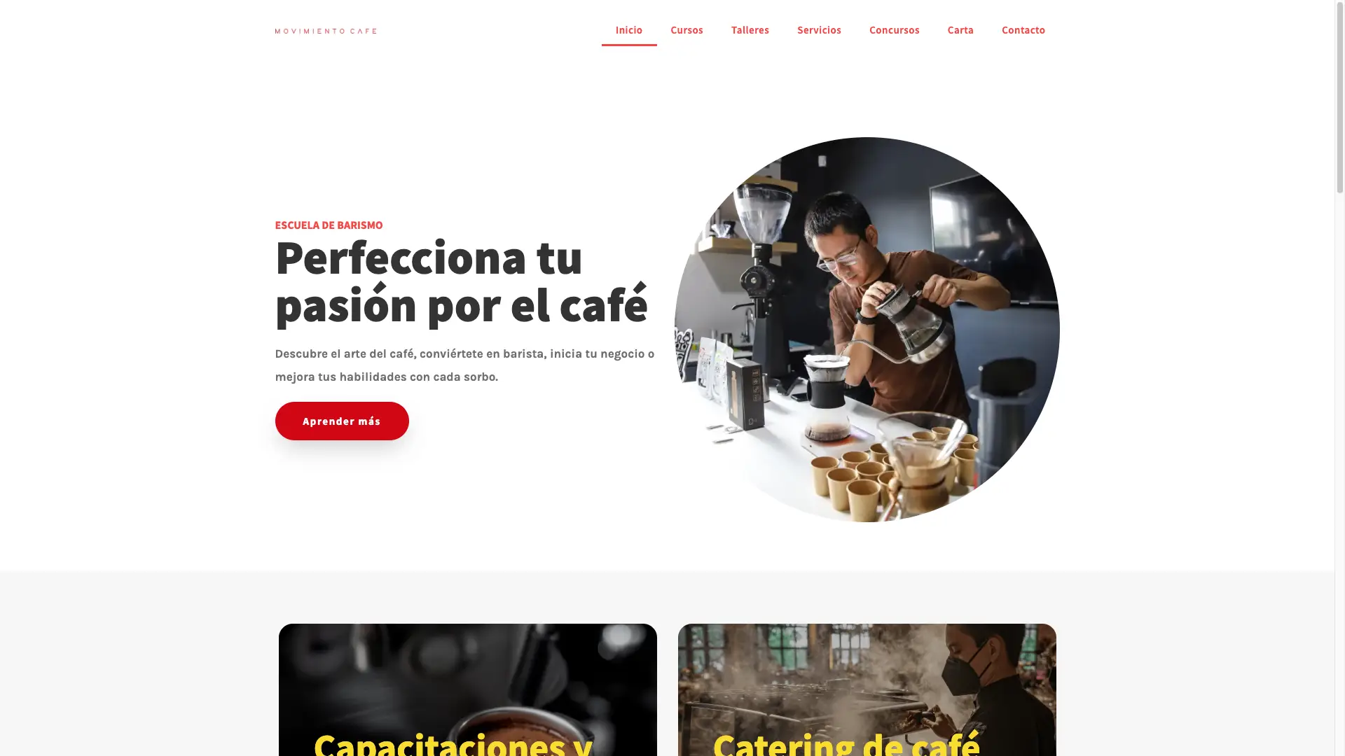 Vista del sitio web institucional WordPress creado para Movimiento Café, escuela de barismo con cursos y talleres de café